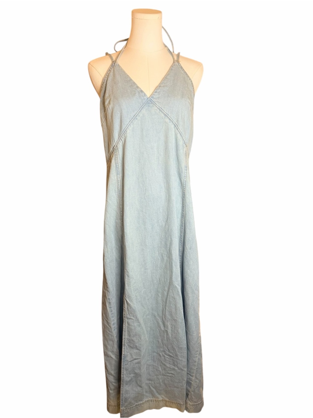 Light Wash Denim Halter Maxi Dress Side Slit 100% Cotton Minimalist